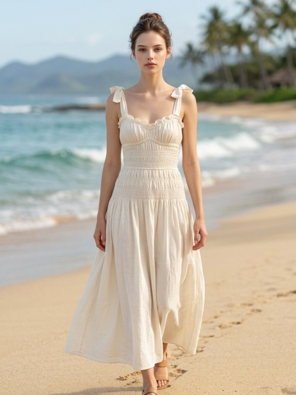 NWT Moon River Ivory Smocked Linen Blend Midi Dress Size M